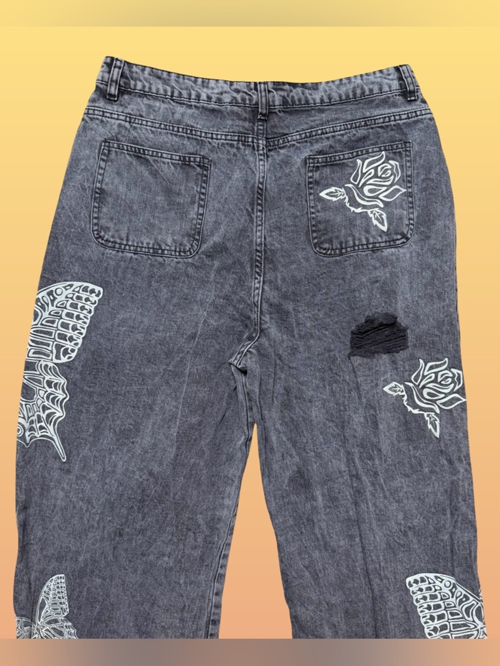 Daisy Street Butterfly Rose Graphic Wide Leg Jeans Gray Acid Wash Distressed XL - Picture 5 of 8
